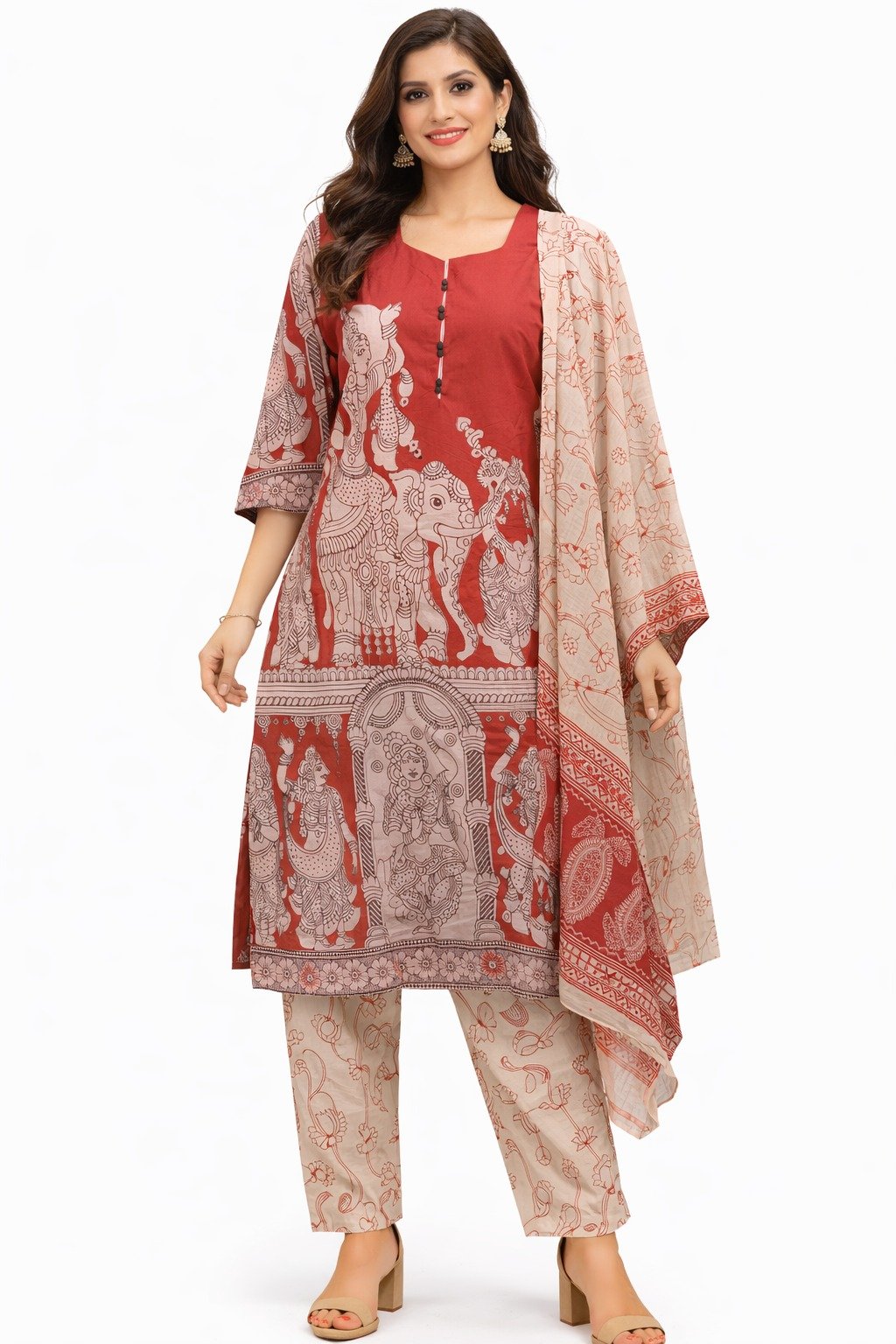 PURE COTTON PENKALAMKARI KURTIS  SET