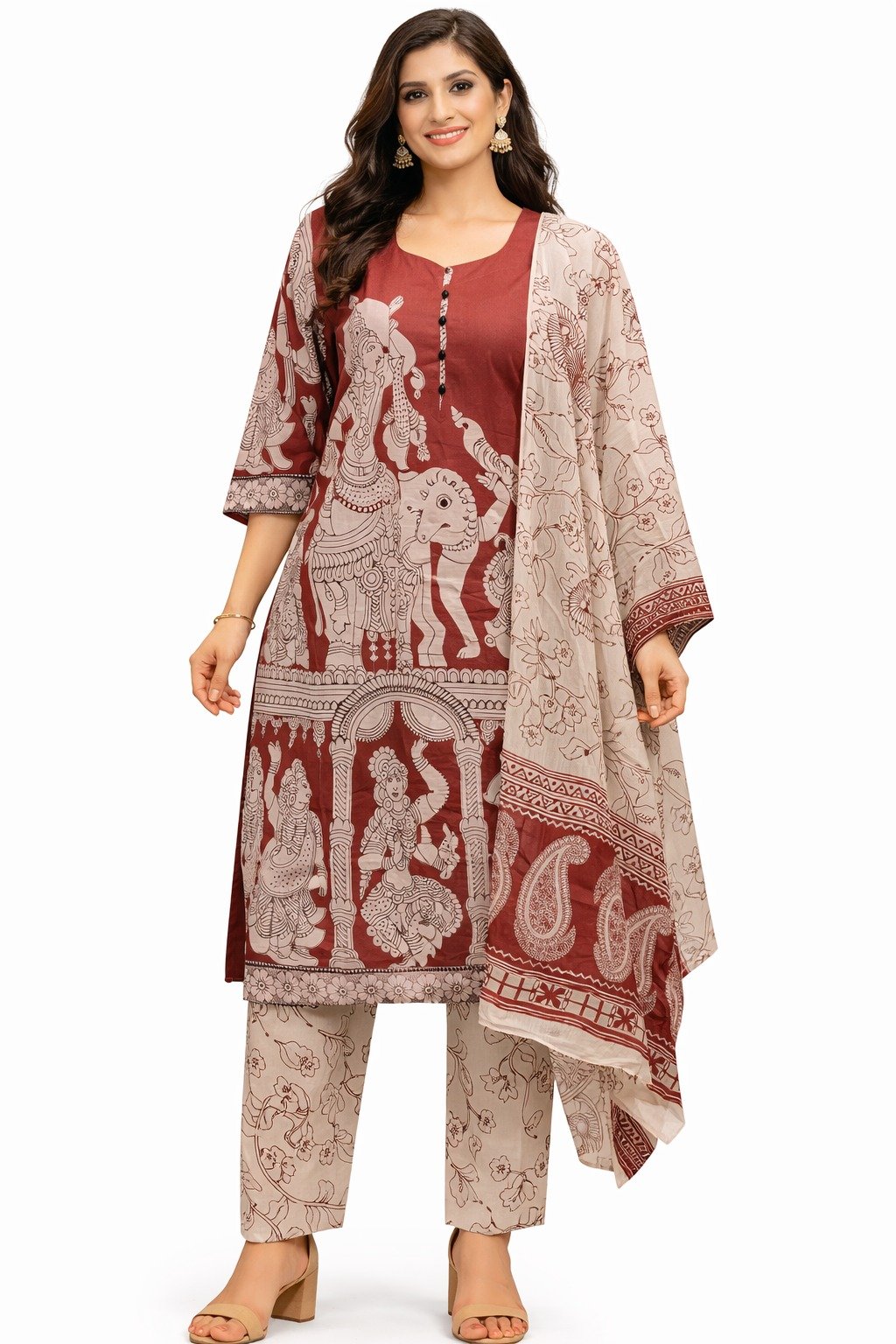 PURE COTTON PENKALAMKARI KURTIS  SET